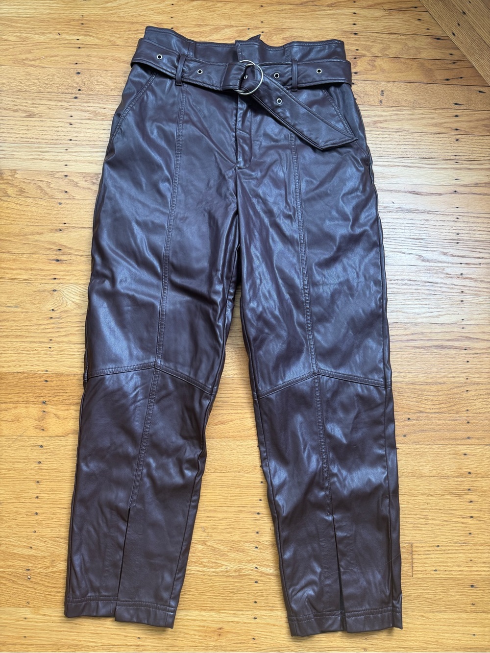 Maroon Leather Belted Tapered Pants